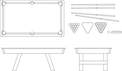 Icon of a pool game plan and elevation - table, cues, balls and stand