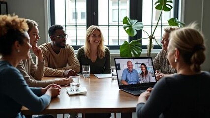 Diverse team collaborating with remote colleagues during a video conference at work - Powered by Adobe