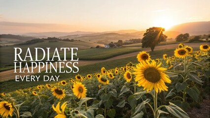 Vibrant Sunflowers in a Serene Landscape at Sunrise with Inspirational Text Radiate Happiness Every Day