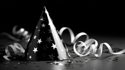 Black and white party hat adorned with stars and surrounded by streamers and confetti creates festive atmosphere. monochrome theme adds elegance to celebration