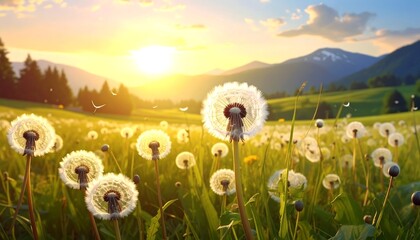 Sunset meadow, dandelions, mountains