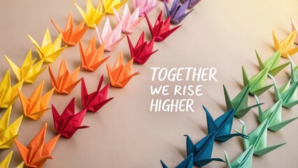 Colorful Paper Cranes Arranged in a Gradient, Symbolizing Unity and Collaboration for Growth and Success in Life