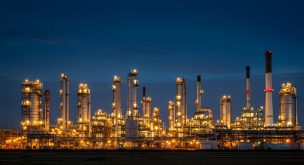 Obraz premium Illuminated Oil Refinery at Night with Towering Structures and Glowing Lights Against Dark Sky