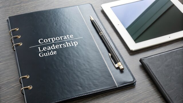 Professional Corporate Leadership Guide with Pen and Tablet on Wooden Desk Surface for Business Strategy Development
