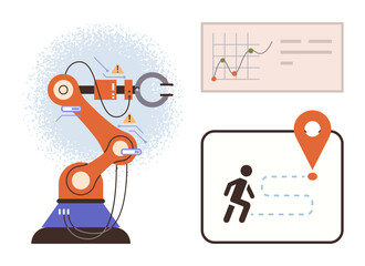 Robotics arm working with sensors, chart data monitoring, and location tracking. Ideal for technology, engineering, automation, AI, productivity data analysis innovation in simulations. Simple flat