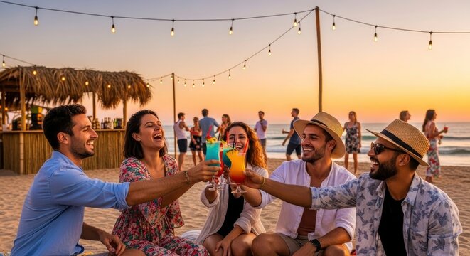Four adults toast colorful cocktails on a beach at sunset with a thatched bar and string lights illuminating the background