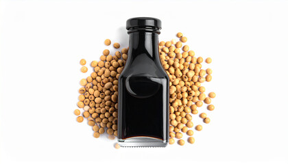 A soy sauce bottle glass container with soybeans around it, shot from above, flat lay