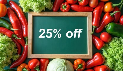 Vibrant Produce Sale: 25% Off Chalkboard Framed by Colorful Fresh Vegetables