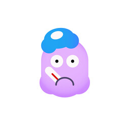 Sick Purple Emoticon with Blue Ice Pack and Thermometer Vector