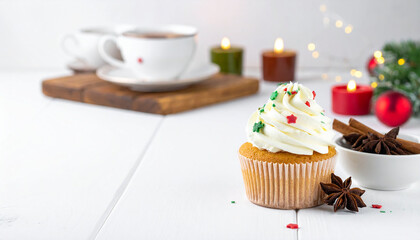 Festive Christmas cupcake on white kitchen counter with copy space