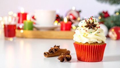 Festive Christmas cupcake on white kitchen counter with copy space