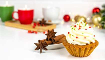 Festive Christmas cupcake on white kitchen counter with copy space