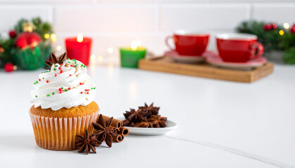 Festive Christmas cupcake on white kitchen counter with copy space
