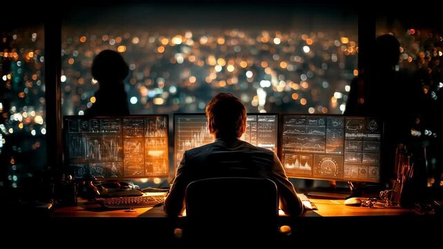 Stock Trader Analyzing Financial Data on Multiple Monitors at Night.