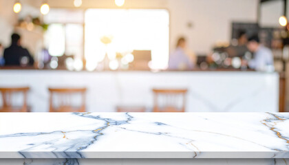 Marble empty white table top front view over blur cafe coffee shop background