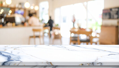Marble empty white table top front view over blur cafe coffee shop background
