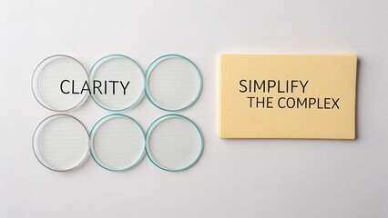 Clear lenses arranged in a grid with text emphasizing clarity and simplification on a sticky note background