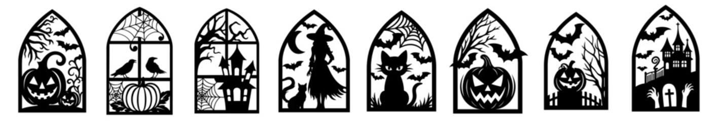 Halloween window silhouettes set with witch, black cat, haunted house, pumpkin and bats — spooky gothic window panels for home, wall and party decoration