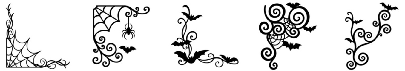 Halloween corner ornament set with spider webs, bats and swirling vines — black decorative corner designs for halloween frames, invitations, windows and posters