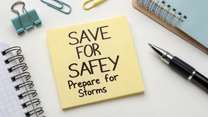 Motivational Note on Sticky Pad Encouraging Safety and Preparation for Storms in Office Environment