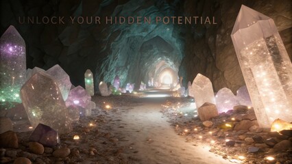 Enchanted Cave with Sparkling Crystals and Mystical Glow Inviting Self-Discovery and Exploration of Inner Strength
