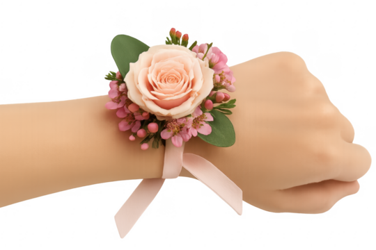 Woman's hand wearing elegant pink rose corsage on wrist