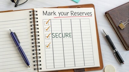 Checklist for Financial Planning with Secure reserves in Notebook on Desk with Pen and Accessories for Business Organization