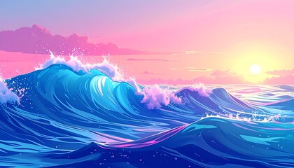 Sunset over vibrant, stylized ocean waves