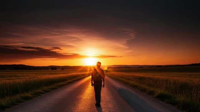silhouetted person walks down long road towards brilliant sunset Golden fields stretch across the landscape flanking the path under sky painted with fiery orange and red hues