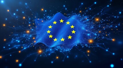 EU flag dissolving into interconnected glowing circuits, representing digital currency and unity in technology
