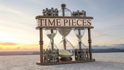 Elegant hourglass display with intricate mechanisms showcasing the concept of time and its passage against a sunset backdrop