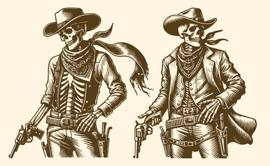 Obraz premium Skeleton Cowboy Vector Design set