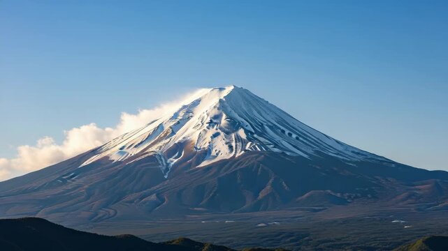 symmetrical mountain rises under clear blue sky Its vast white snowcap gleams with wispy clouds swirling around the peak overlooking dark forested lower slopes and foothills