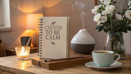 Inspirational workspace with calming elements, featuring a notebook, coffee, and aromatic diffuser for tranquility