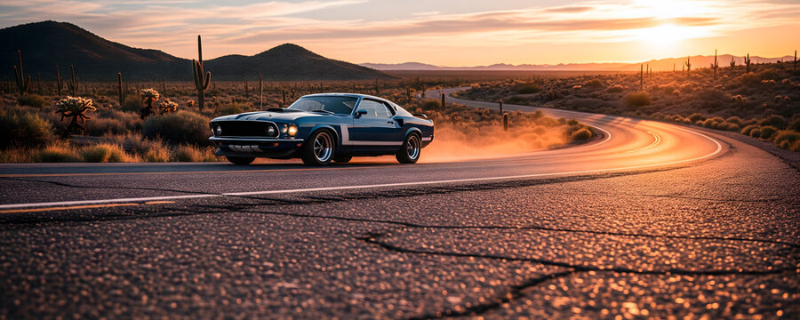 Fototapeta Vintage Muscle Car Driving on a Desert Highway at Sunset