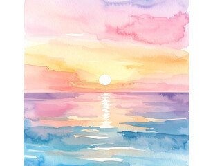 - Watercolor Sunset Over Calm Ocean Horizon