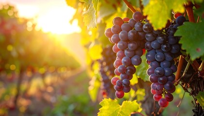 Sunset vineyard with bunches of dark purple grapes