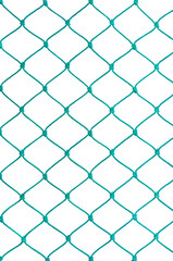 Fototapeta premium Soccer Football Goal Post Set Net Rope Detail, New Green Goalnet Netting Ropes Knots Texture Pattern, Vertical Macro Closeup, Isolated Large Detailed Blank Empty Copy Space Background