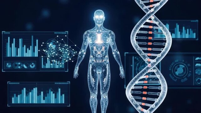 futuristic digital display shows glowing human body DNA helix and various data visualizations like bar charts and network nodes advanced biological and genetic analysis - Powered by Adobe