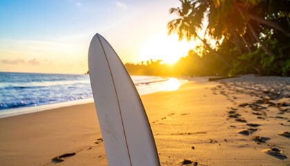 Surfboard on a golden beach at sunset