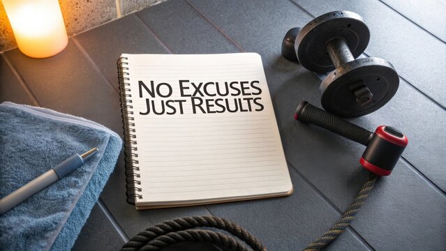 Inspirational Fitness Motto on Notebook with Dumbbell and Exercise Equipment for Motivation and Healthy Lifestyle Focus - Powered by Adobe