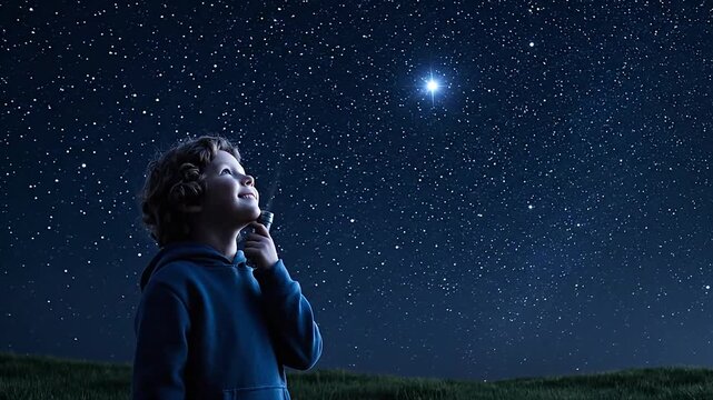 Child with flashlight looking at the starry night sky