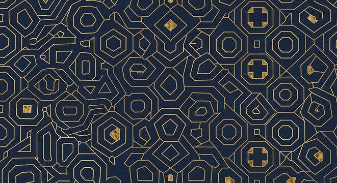 Abstract gold geometric pattern on dark blue with futuristic design, and seamless background.