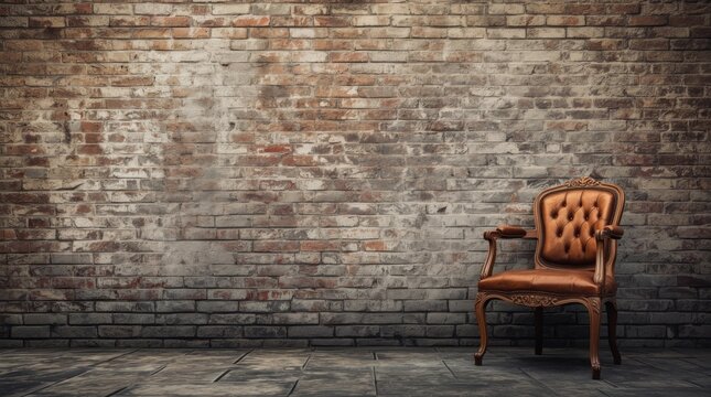 Vintage armchair against a rustic brick wall in an empty room, evoking a nostalgic ambiance