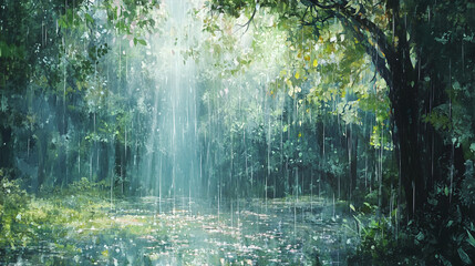
A gentle rain shower in a forest, with tree leaves collecting water droplets, reflecting the surrounding greenery and soft light