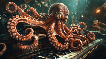 Obraz premium A giant octopus attempting to play the piano, using its many tentacles to press all the wrong keys, creating a symphony of humorous, chaotic notes