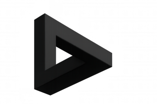 Impossible triangle creating optical illusion, black geometric shape, penrose object on transparent background