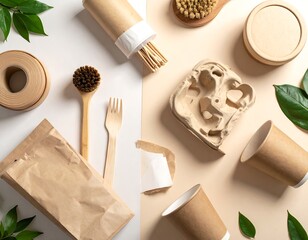 Sustainable packaging and utensils arranged on a beige and white background
