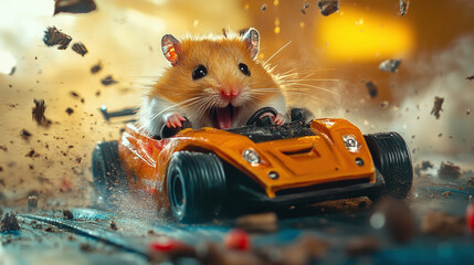 A hamster in a tiny sports car, driving wildly around a mini racetrack, with an overly serious expression, completely oblivious to the chaos it&rsquo;s causing