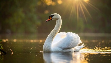 Swan in morning sunlight on pond